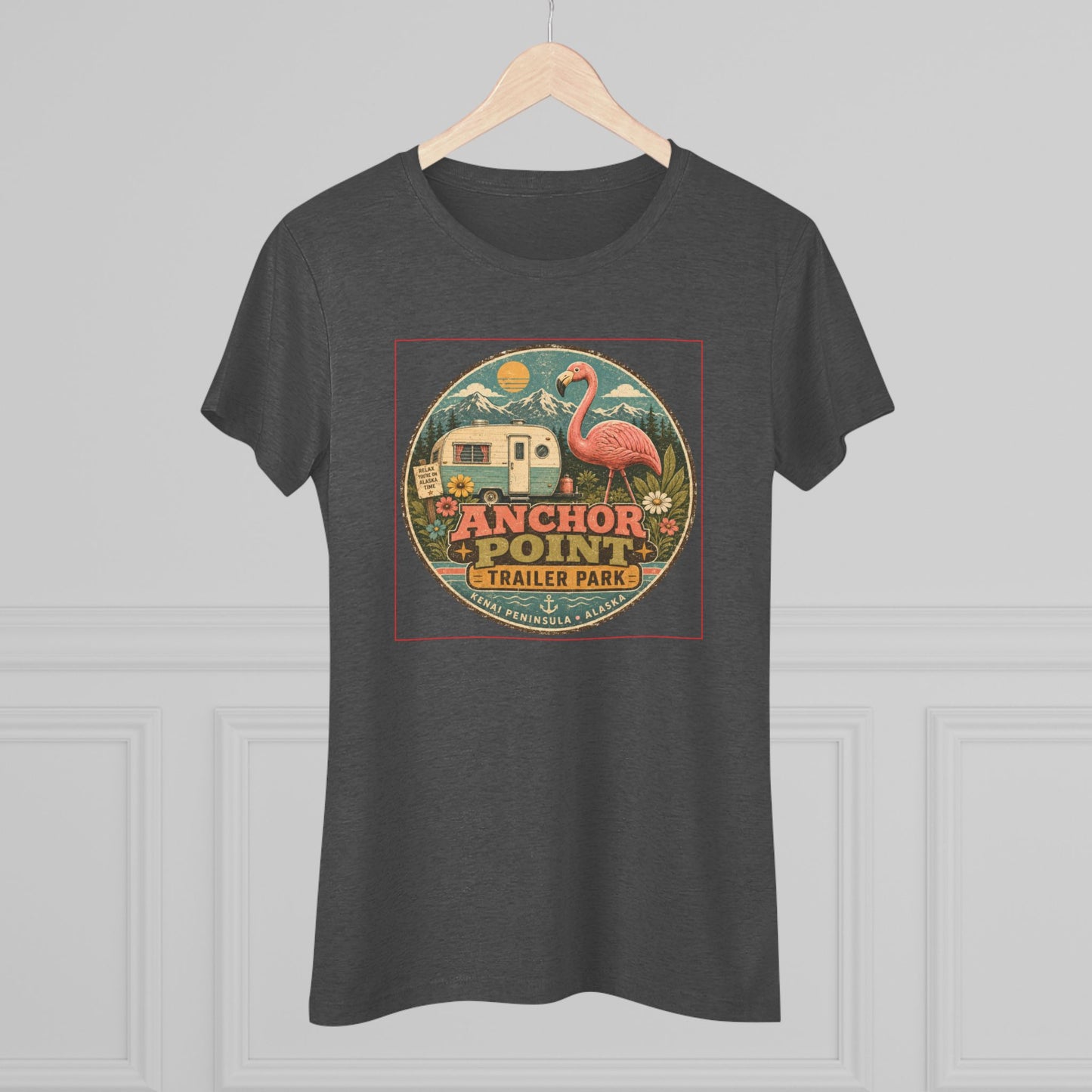 Anchor Point Trailer Park Flamingo Tee — Vintage Camper Graphic Women's T-Shirt