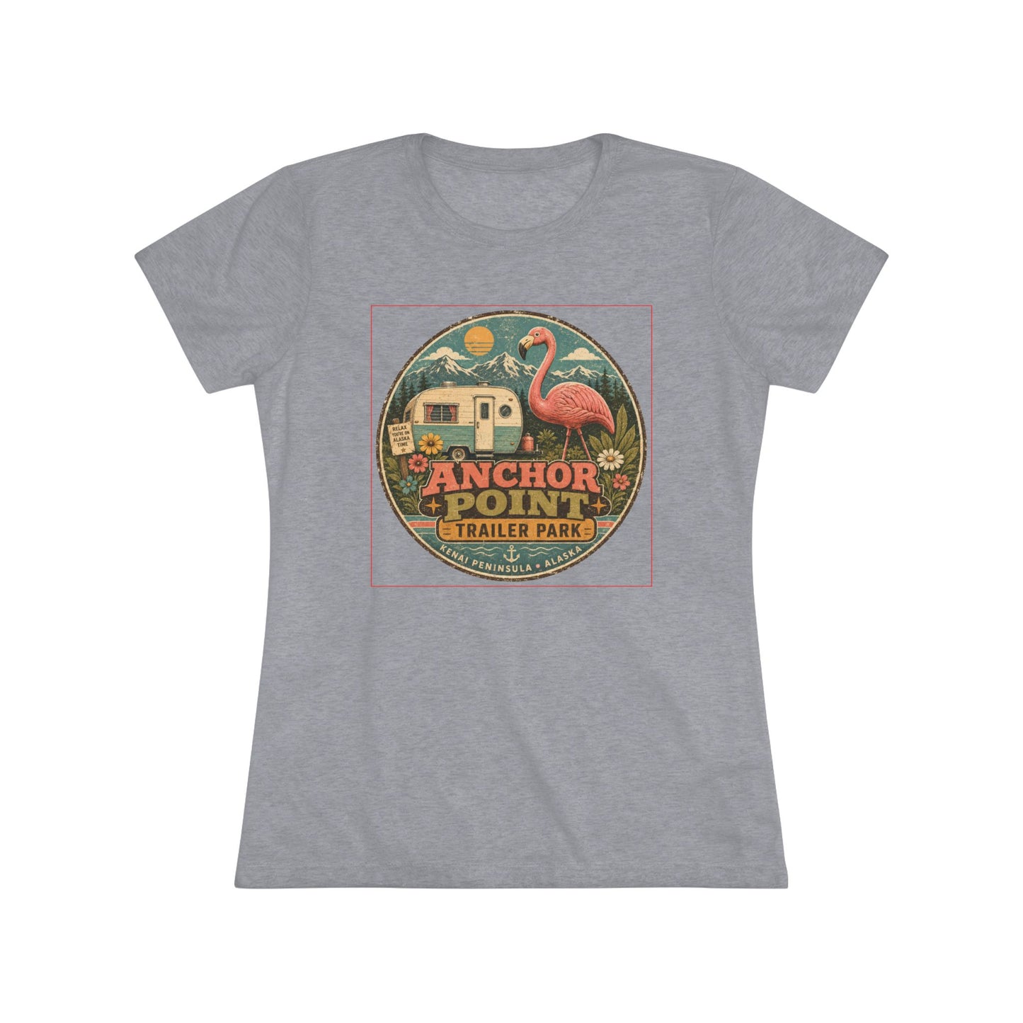Anchor Point Trailer Park Flamingo Tee — Vintage Camper Graphic Women's T-Shirt