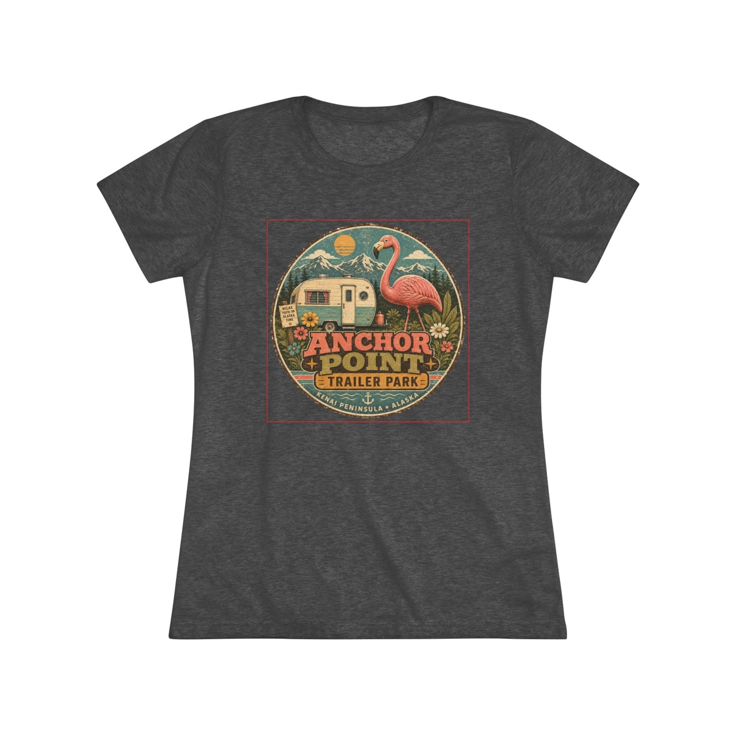 Anchor Point Trailer Park Flamingo Tee — Vintage Camper Graphic Women's T-Shirt