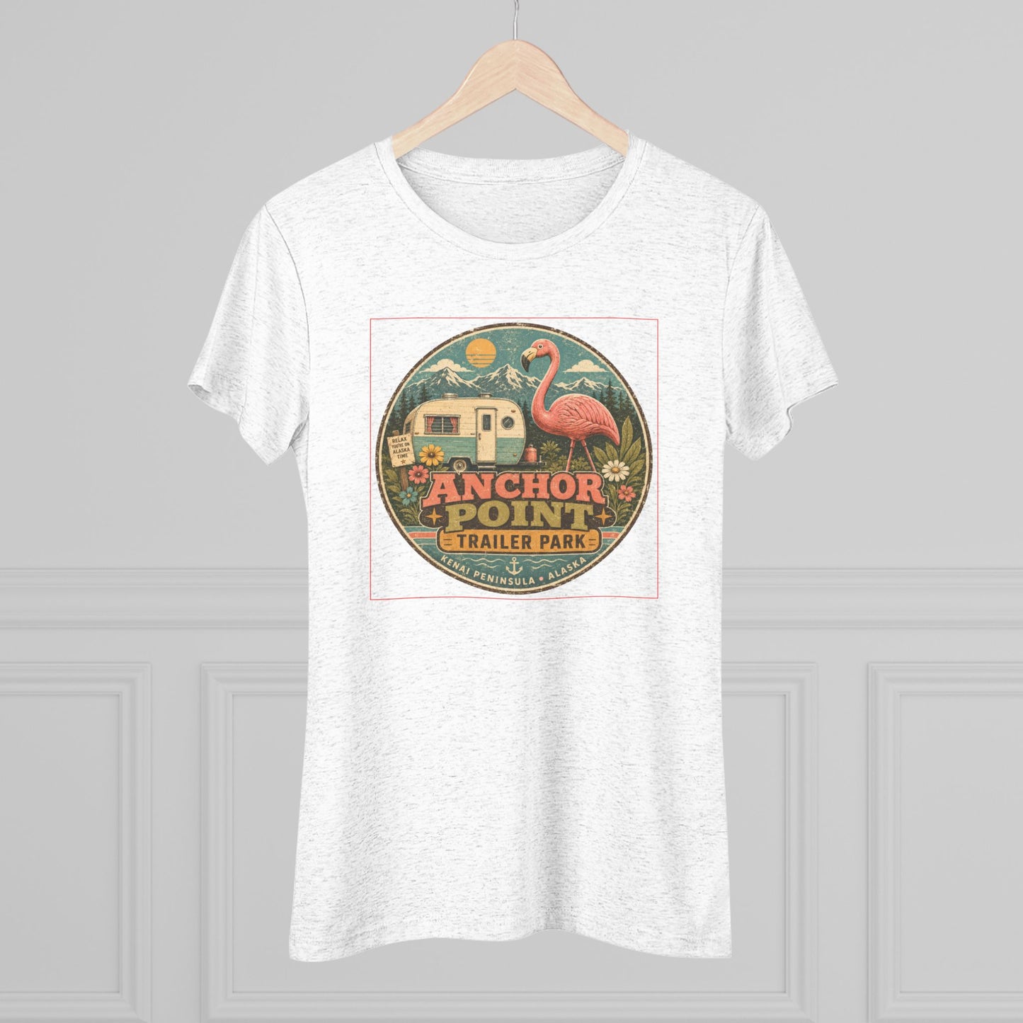 Anchor Point Trailer Park Flamingo Tee — Vintage Camper Graphic Women's T-Shirt