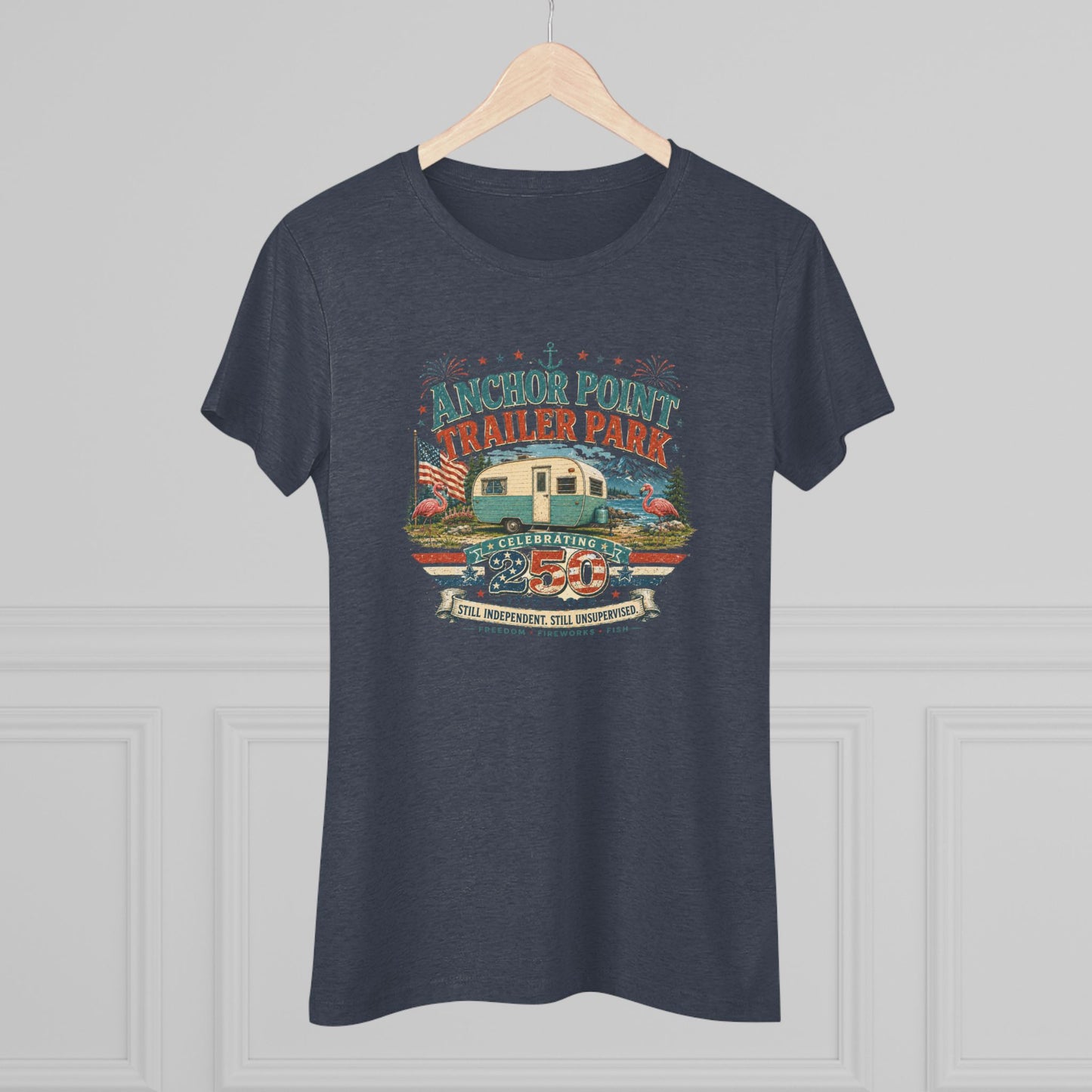 Anchor Point Trailer Park Vintage Camper Tee — Women’s Flamingo RV Travel Shirt