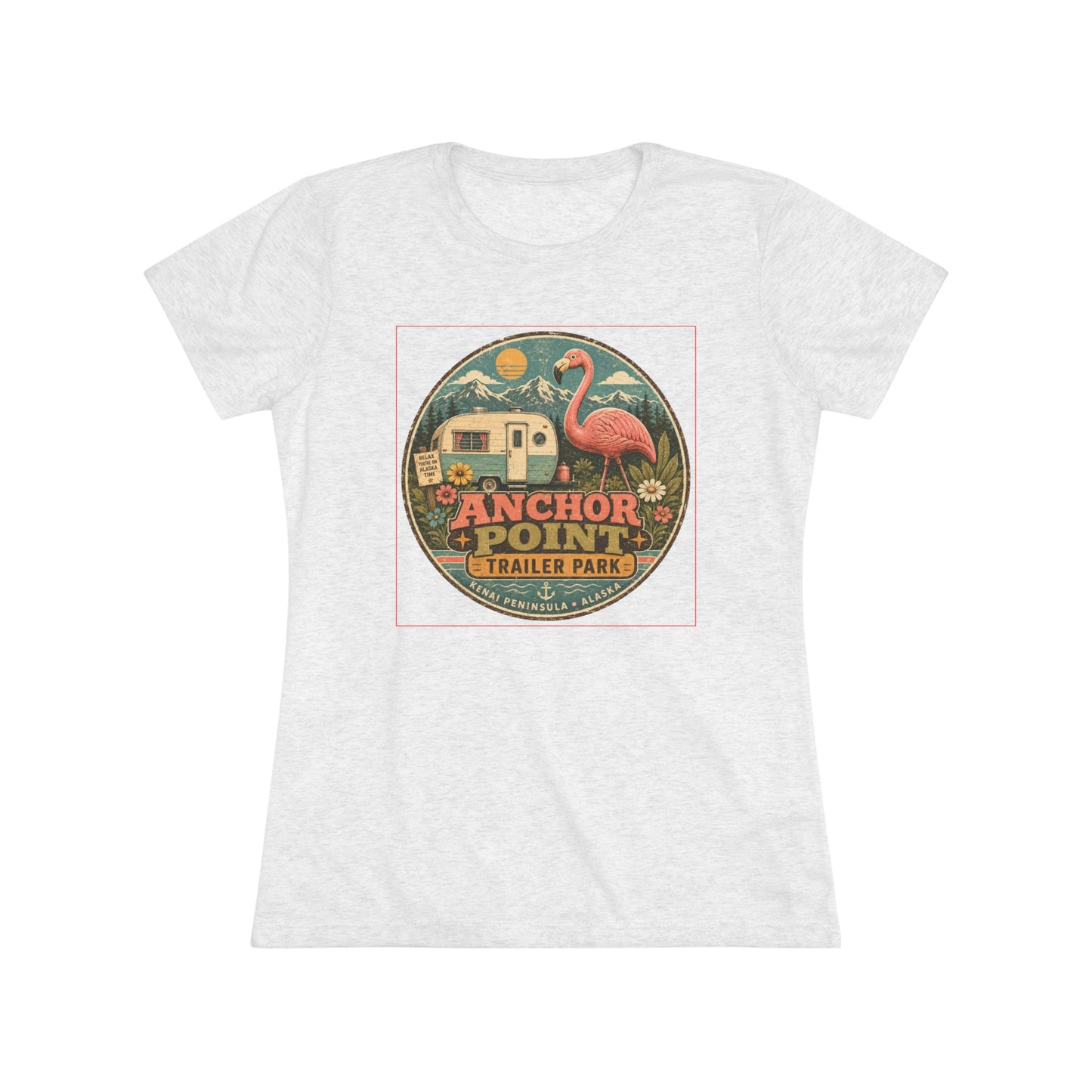 Anchor Point Trailer Park Flamingo Tee — Vintage Camper Graphic Women's T-Shirt