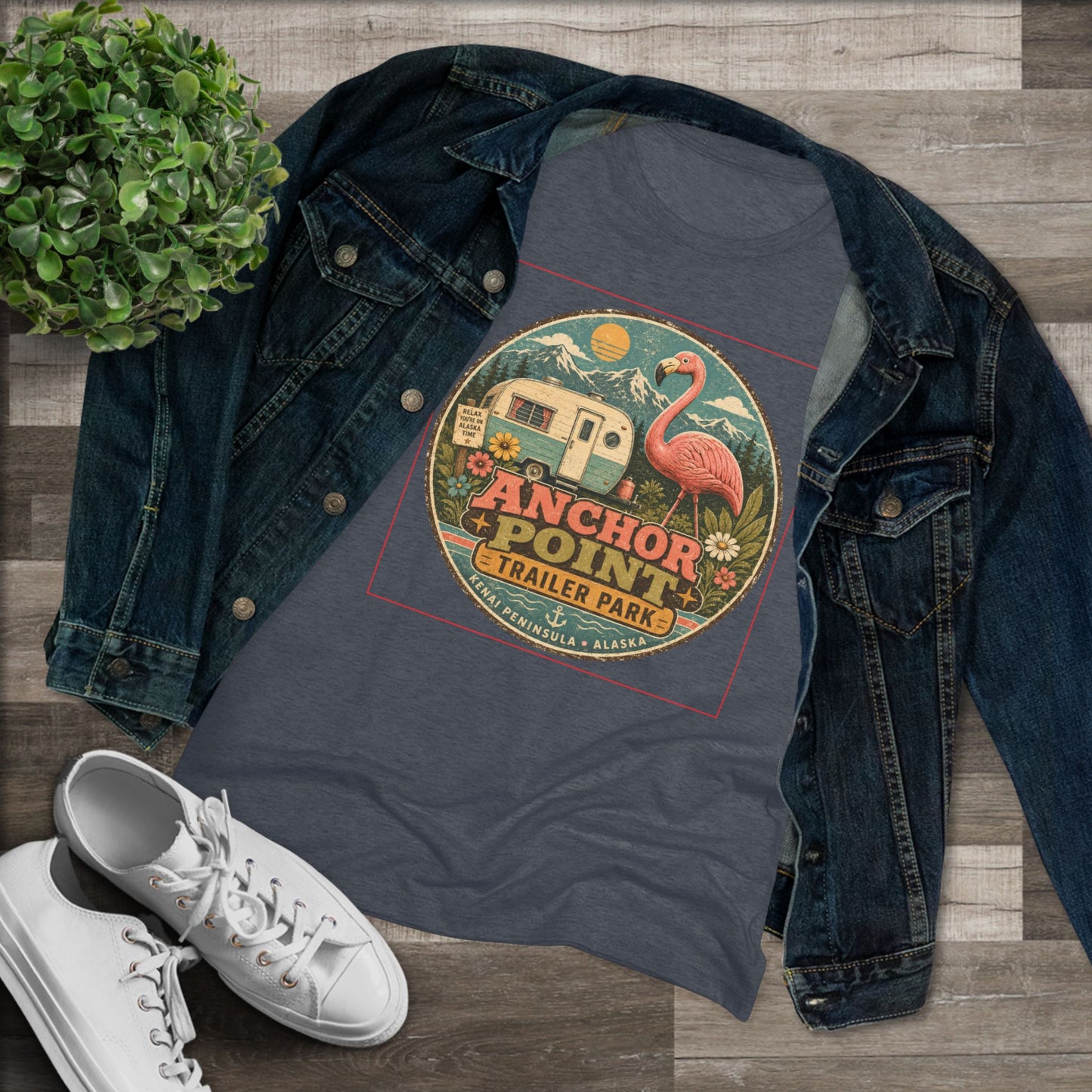 Anchor Point Trailer Park Flamingo Tee — Vintage Camper Graphic Women's T-Shirt