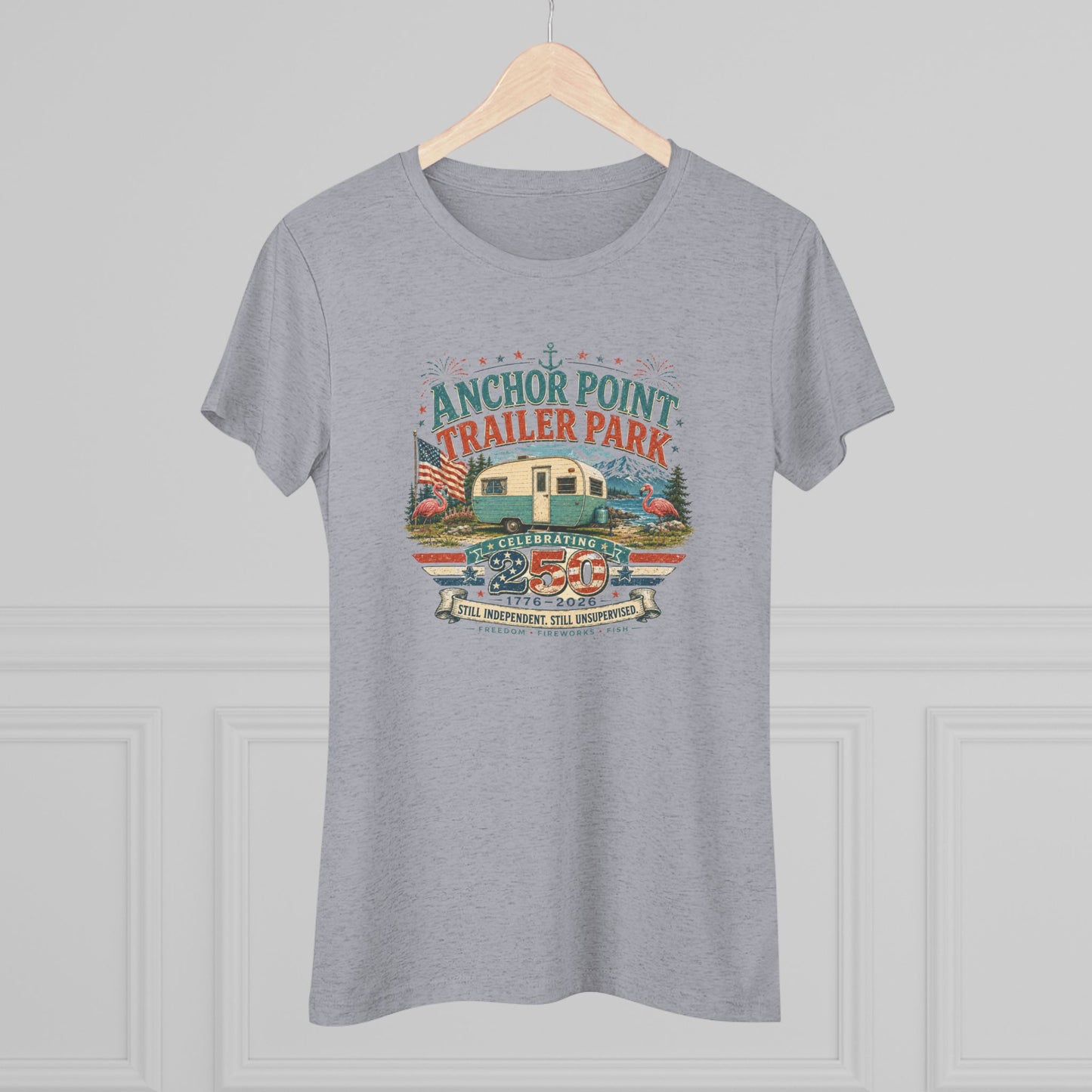 Anchor Point Trailer Park Vintage Camper Tee — Women’s Flamingo RV Travel Shirt