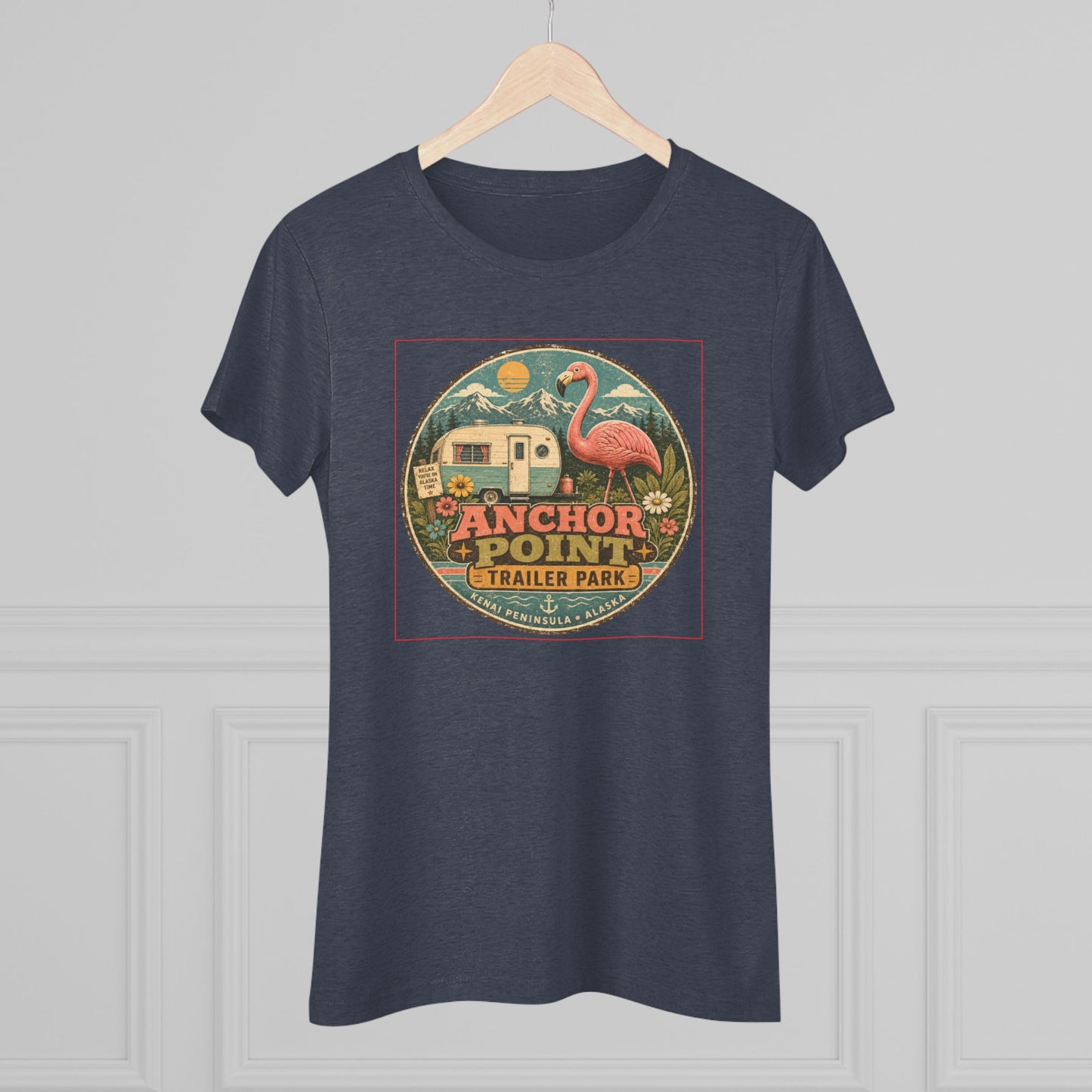 Anchor Point Trailer Park Flamingo Tee — Vintage Camper Graphic Women's T-Shirt