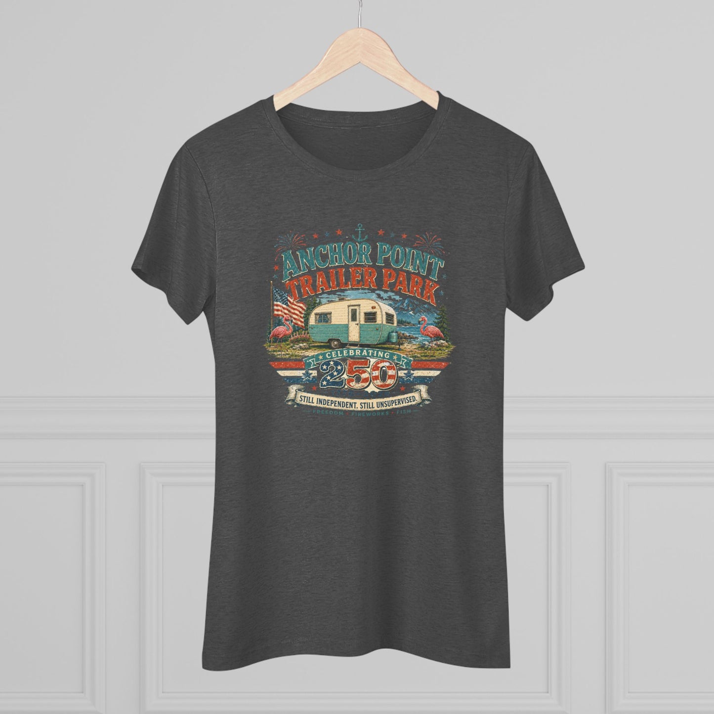 Anchor Point Trailer Park Vintage Camper Tee — Women’s Flamingo RV Travel Shirt