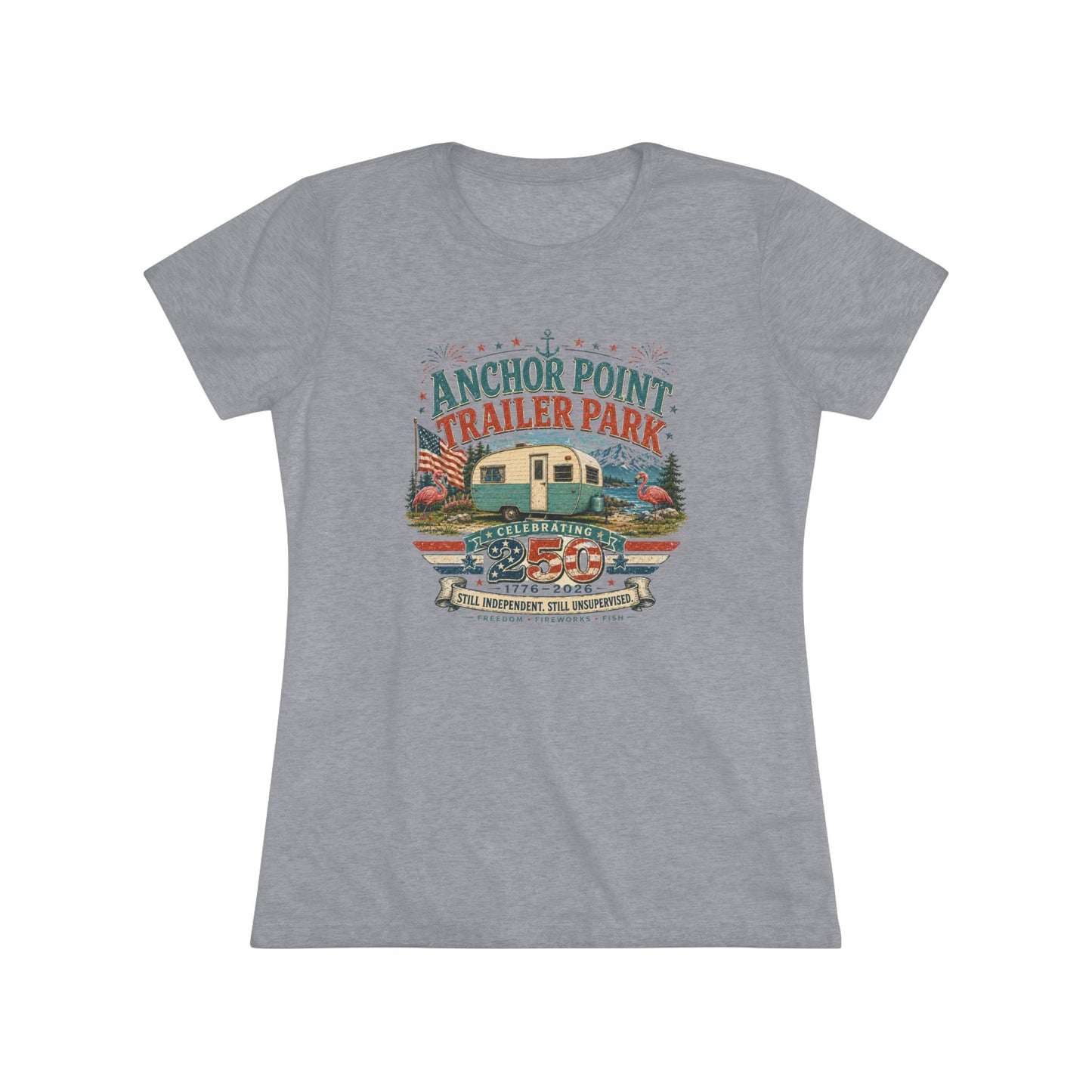 Anchor Point Trailer Park Vintage Camper Tee — Women’s Flamingo RV Travel Shirt