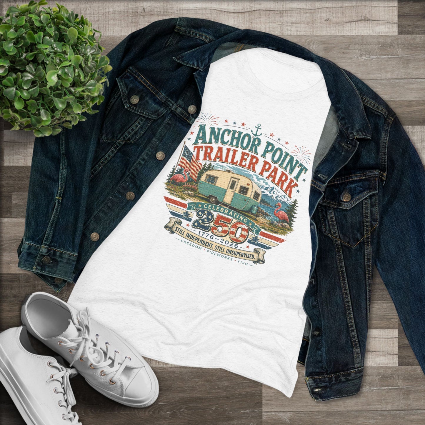 Anchor Point Trailer Park Vintage Camper Tee — Women’s Flamingo RV Travel Shirt