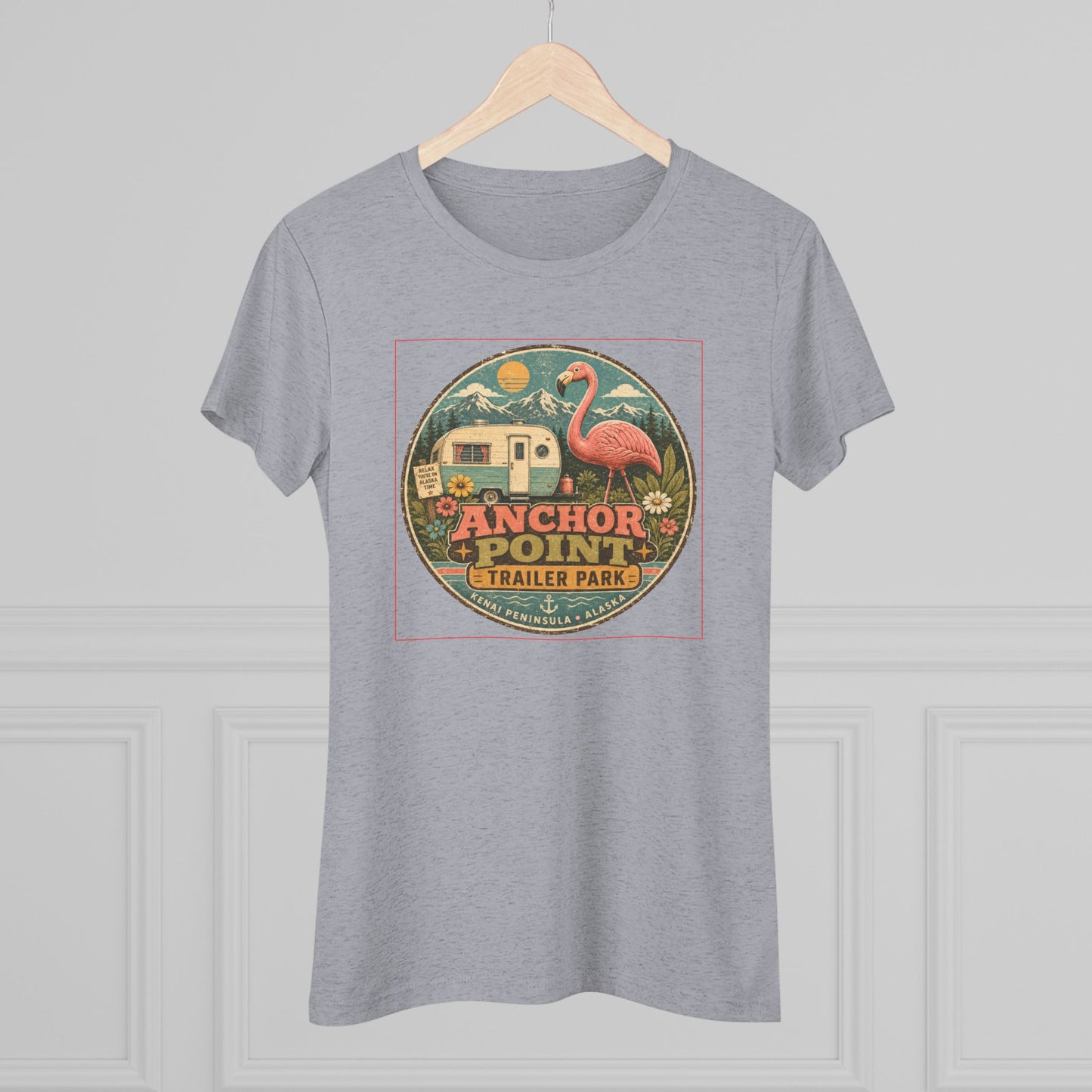 Anchor Point Trailer Park Flamingo Tee — Vintage Camper Graphic Women's T-Shirt