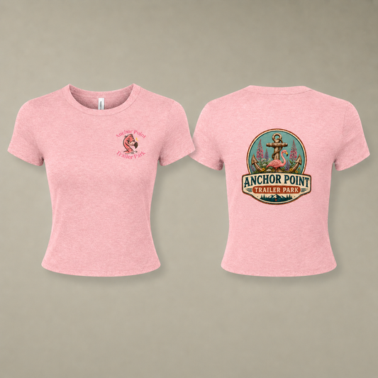Anchor Point Trailer Park Women's Baby Tee — Retro Flamingo Anchor Graphic