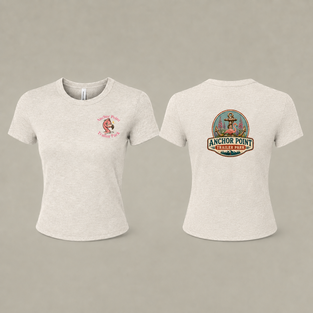 Anchor Point Trailer Park Women's Baby Tee — Retro Flamingo Anchor Graphic