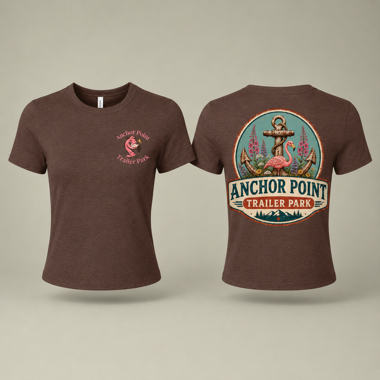 Anchor Point Trailer Park Women's Baby Tee — Retro Flamingo Anchor Graphic