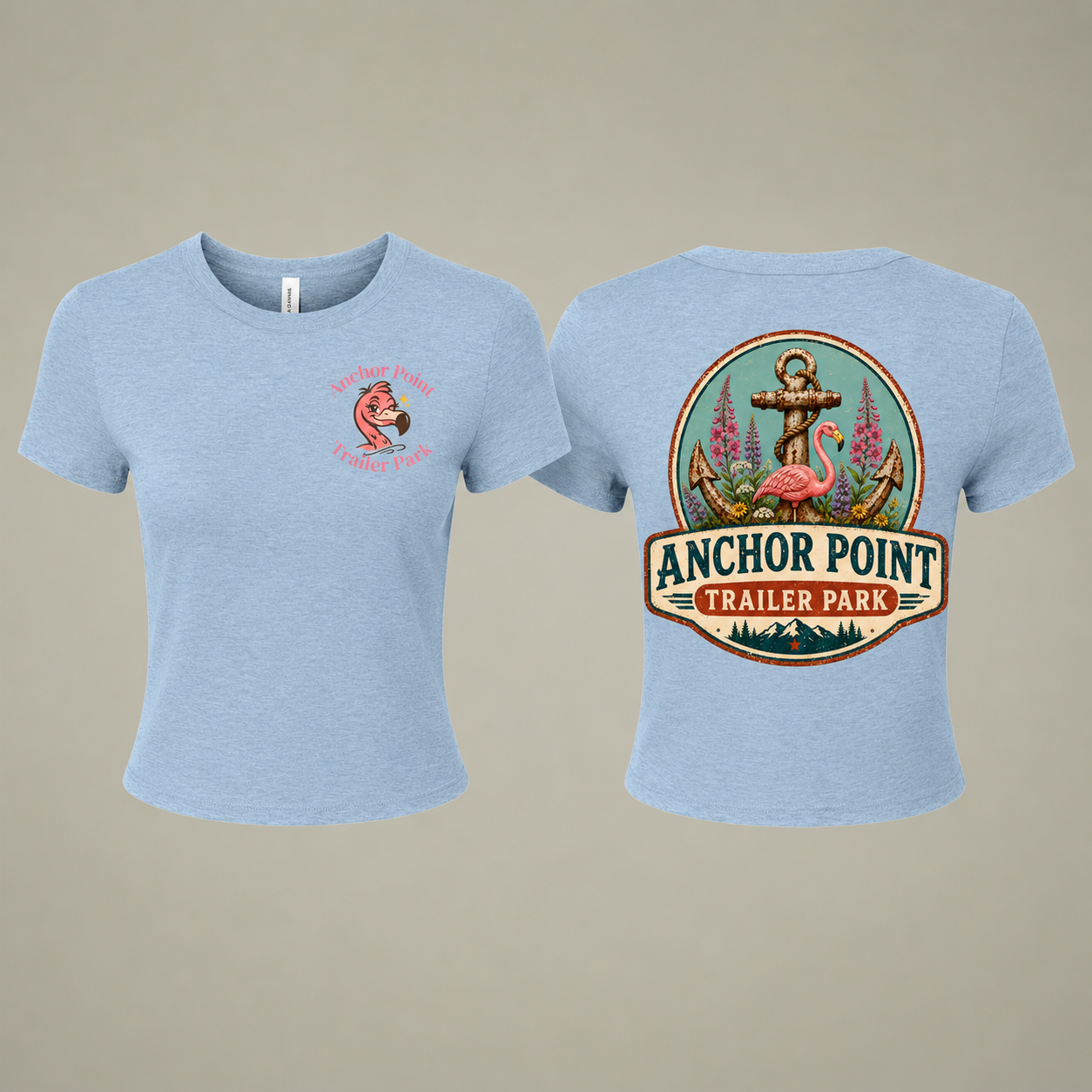 Anchor Point Trailer Park Women's Baby Tee — Retro Flamingo Anchor Graphic