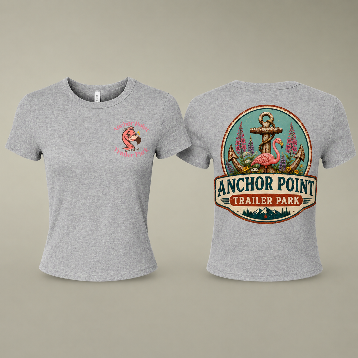 Anchor Point Trailer Park Women's Baby Tee — Retro Flamingo Anchor Graphic