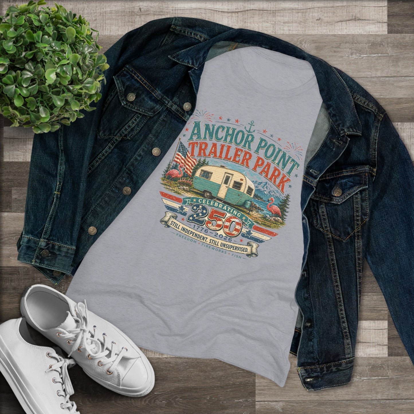 Anchor Point Trailer Park Vintage Camper Tee — Women’s Flamingo RV Travel Shirt