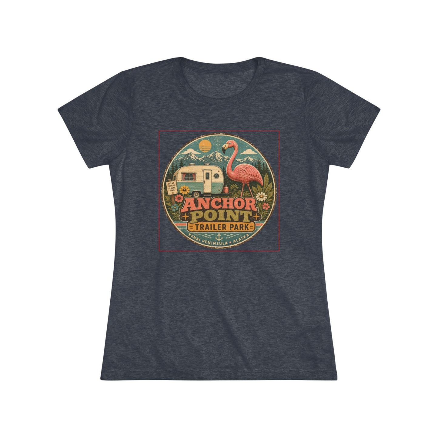 Anchor Point Trailer Park Flamingo Tee — Vintage Camper Graphic Women's T-Shirt