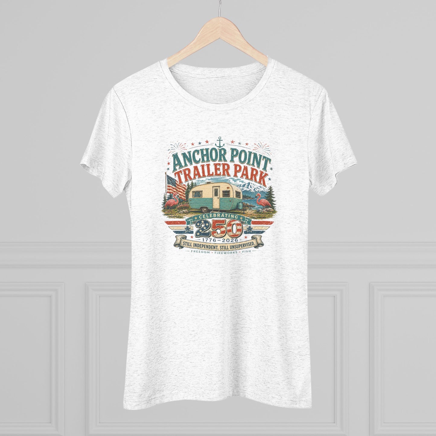 Anchor Point Trailer Park Vintage Camper Tee — Women’s Flamingo RV Travel Shirt