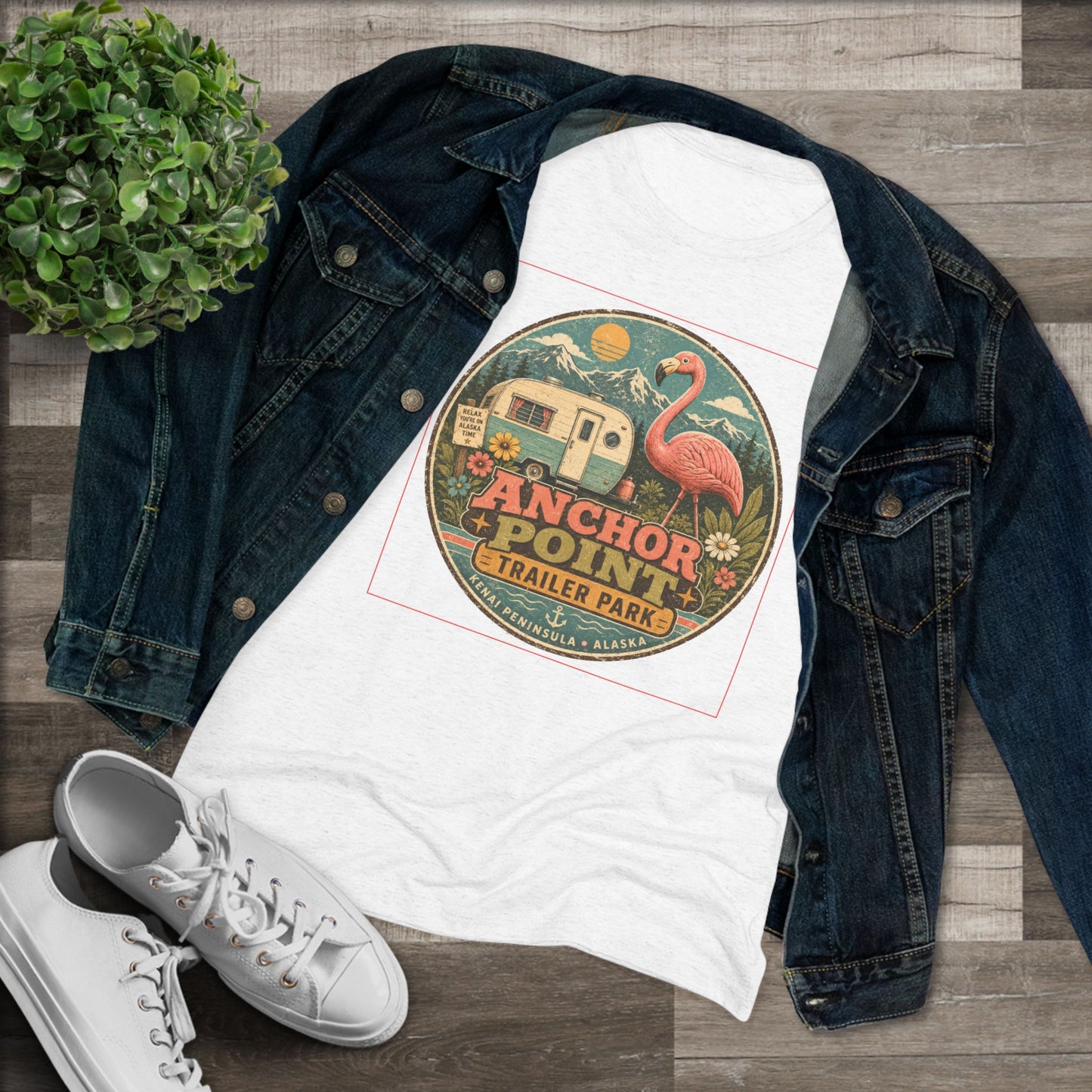 Anchor Point Trailer Park Flamingo Tee — Vintage Camper Graphic Women's T-Shirt