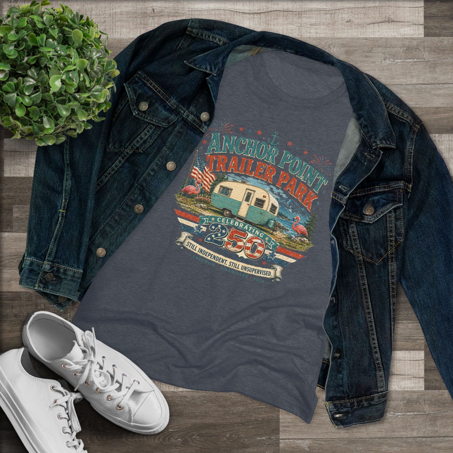 Anchor Point Trailer Park Vintage Camper Tee — Women’s Flamingo RV Travel Shirt