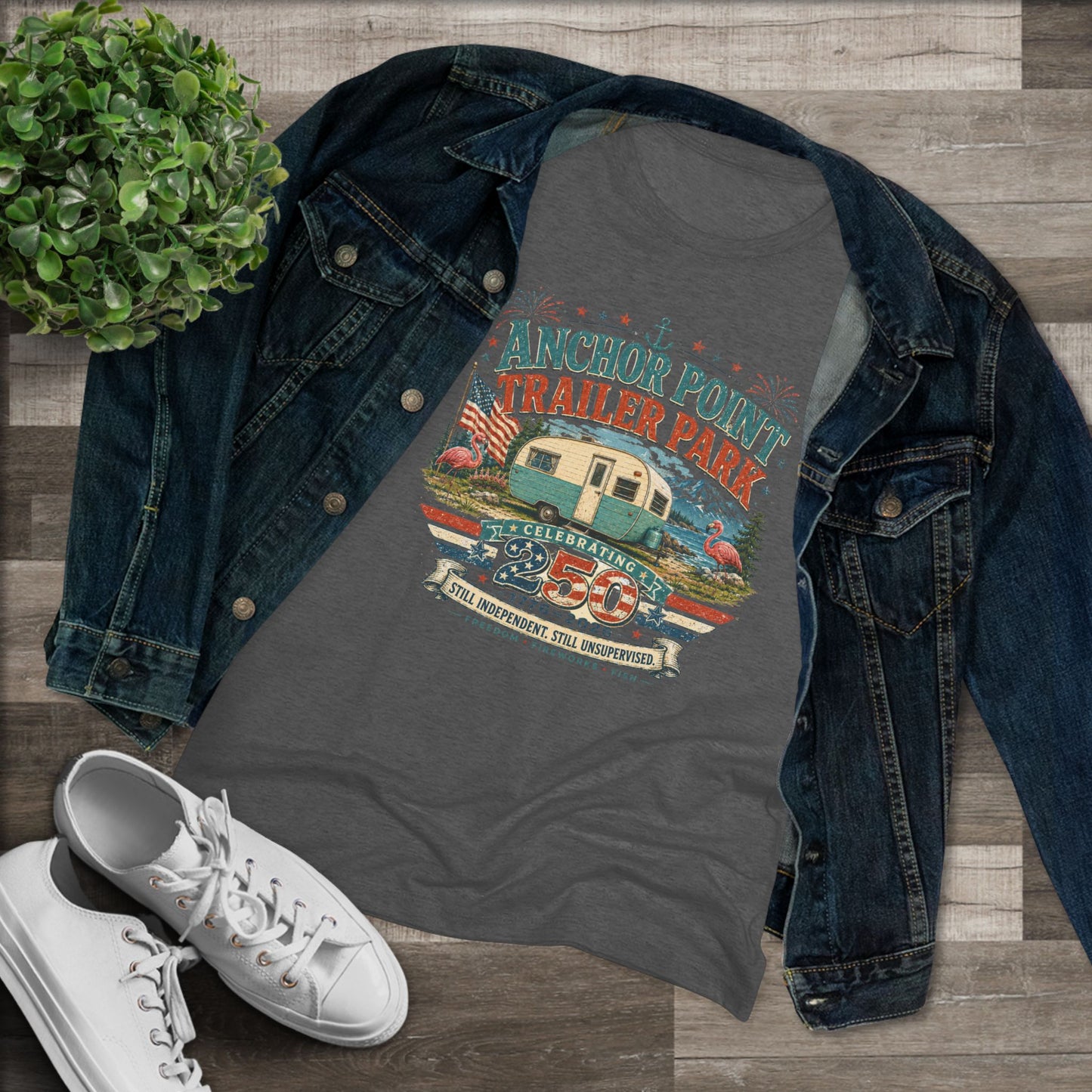 Anchor Point Trailer Park Vintage Camper Tee — Women’s Flamingo RV Travel Shirt