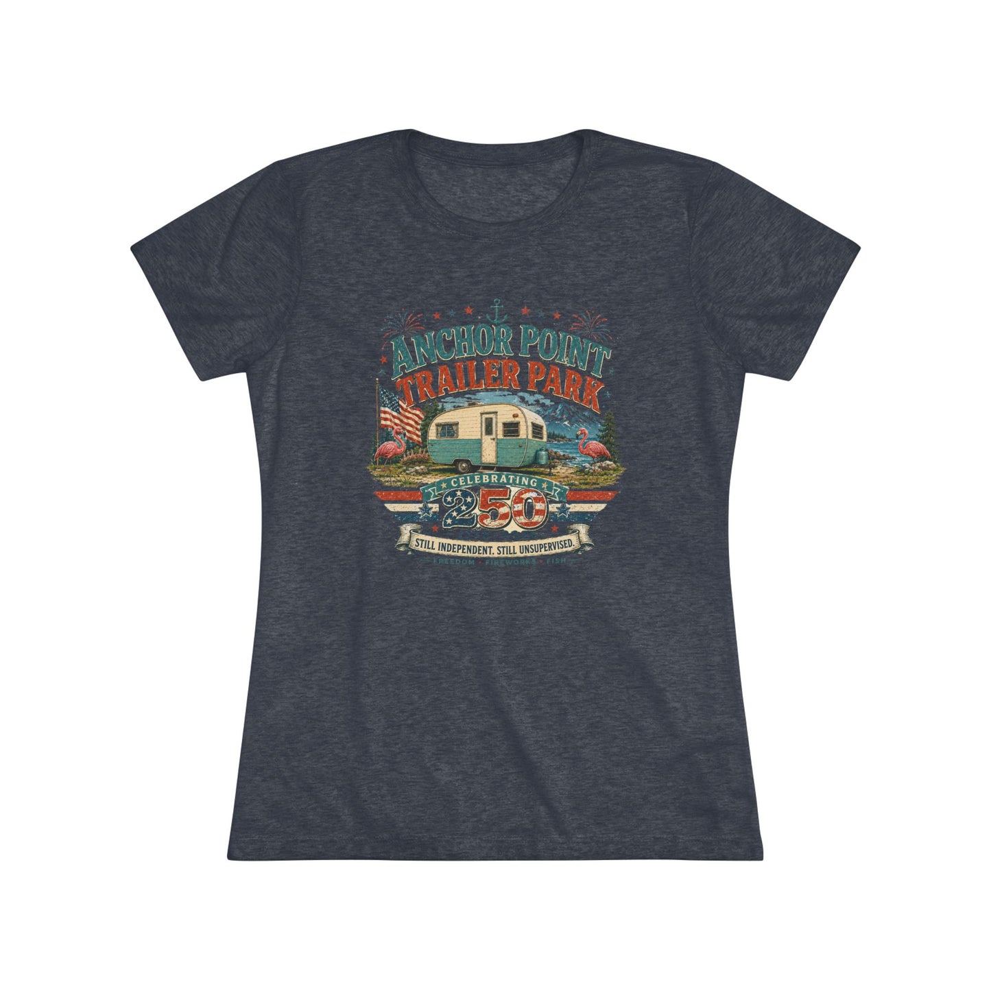 Anchor Point Trailer Park Vintage Camper Tee — Women’s Flamingo RV Travel Shirt