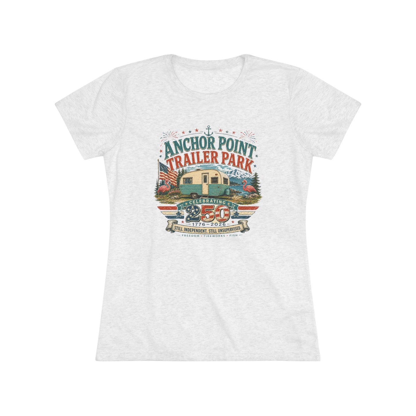 Anchor Point Trailer Park Vintage Camper Tee — Women’s Flamingo RV Travel Shirt
