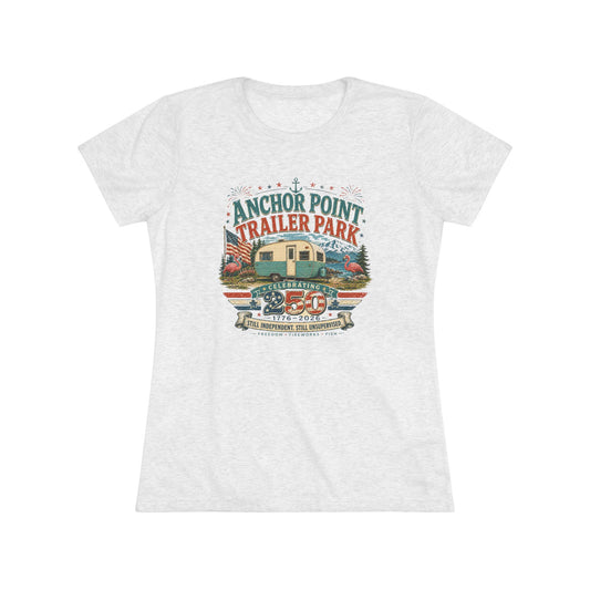 Anchor Point Trailer Park Vintage Camper Tee — Women’s Flamingo RV Travel Shirt