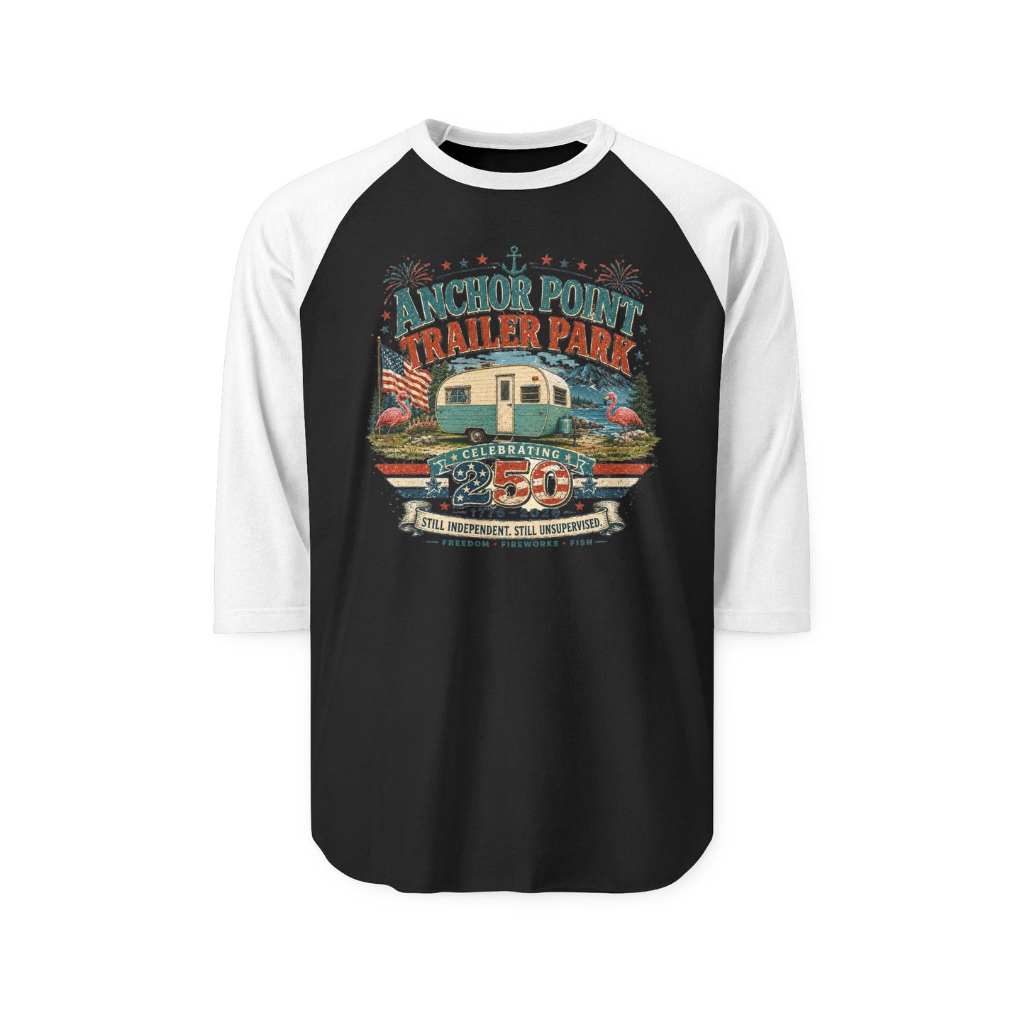 Celebrate 250 years with this Trailer Park Vintage Raglan Shirt - Anchor Point "Trailer Park" Graphic