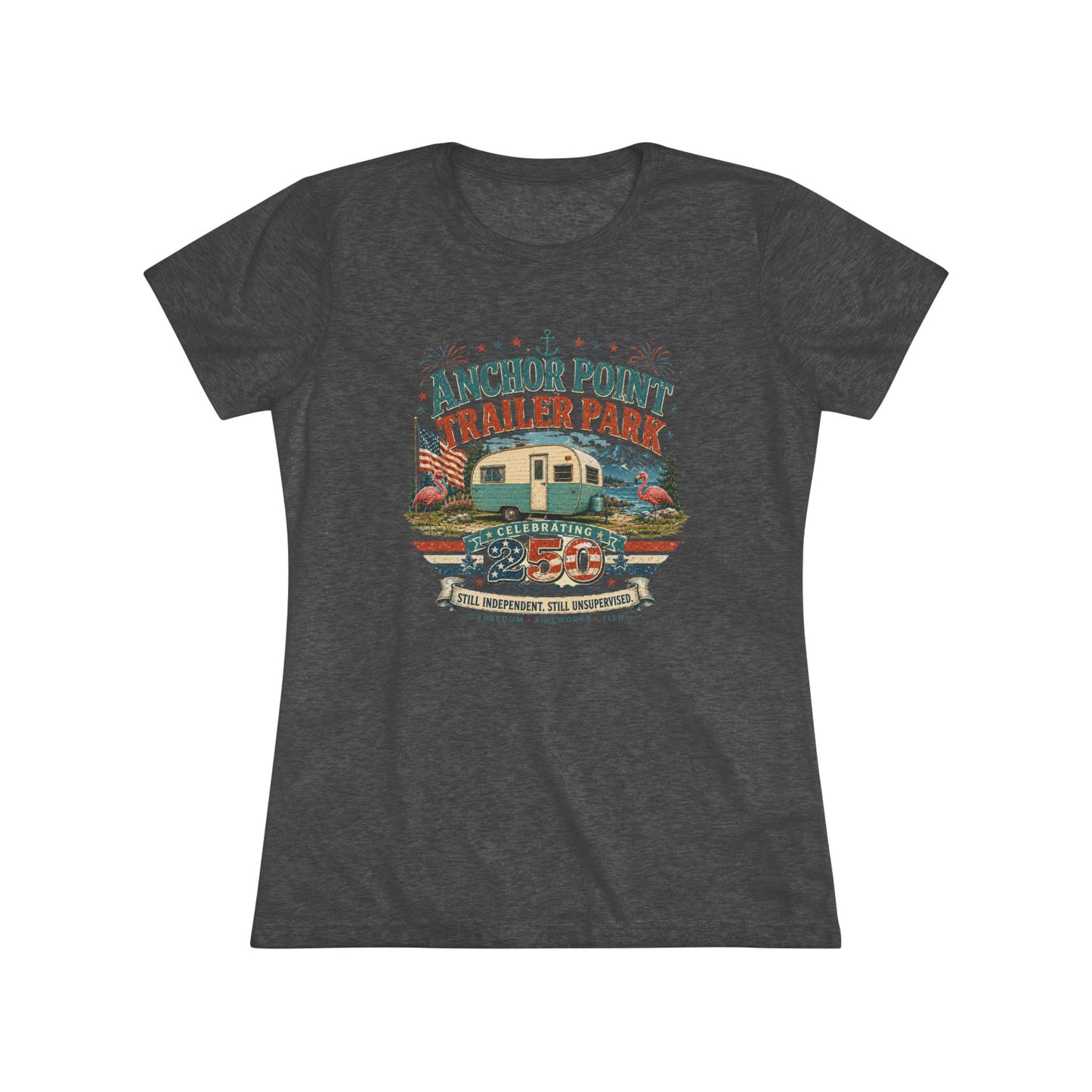 Anchor Point Trailer Park Vintage Camper Tee — Women’s Flamingo RV Travel Shirt
