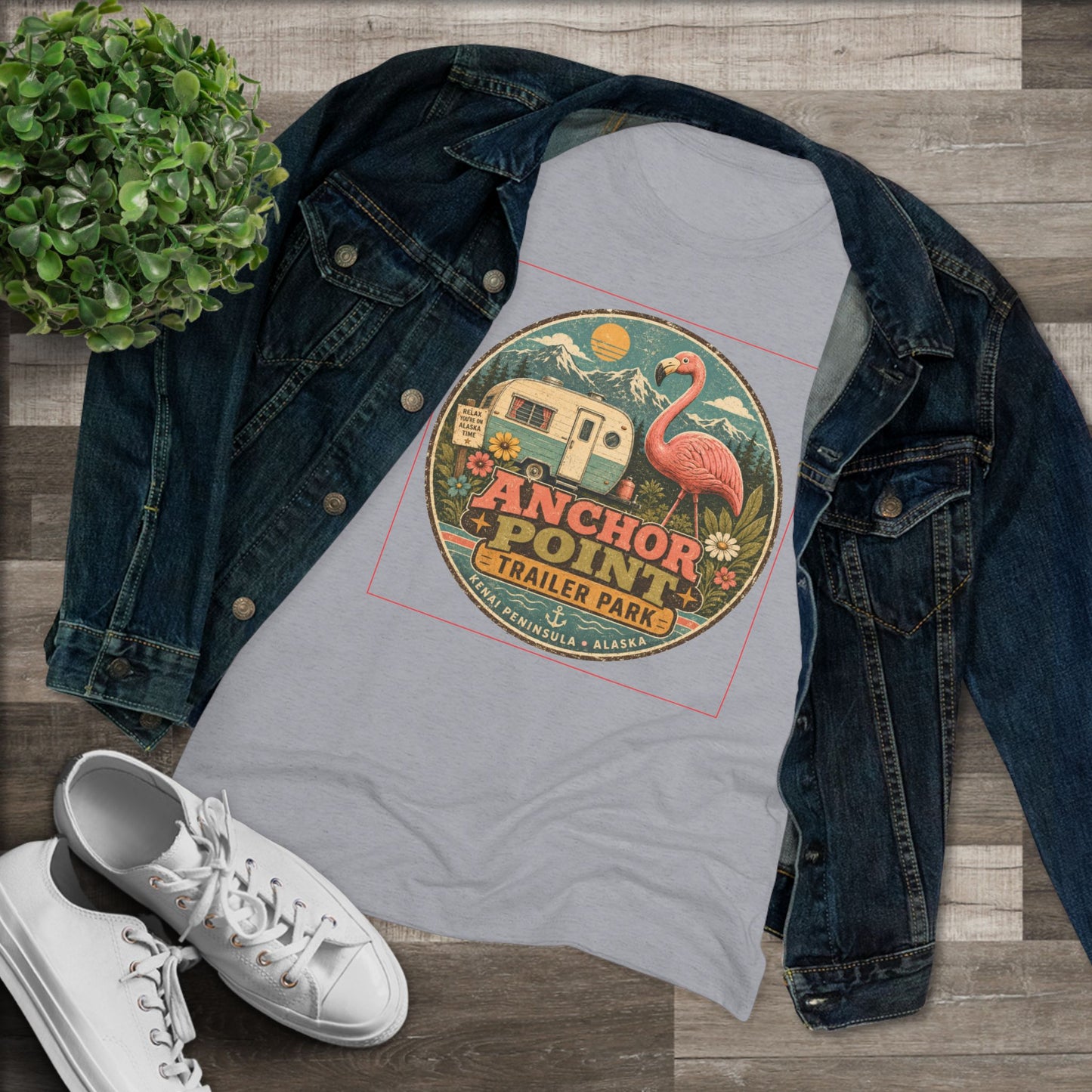 Anchor Point Trailer Park Flamingo Tee — Vintage Camper Graphic Women's T-Shirt