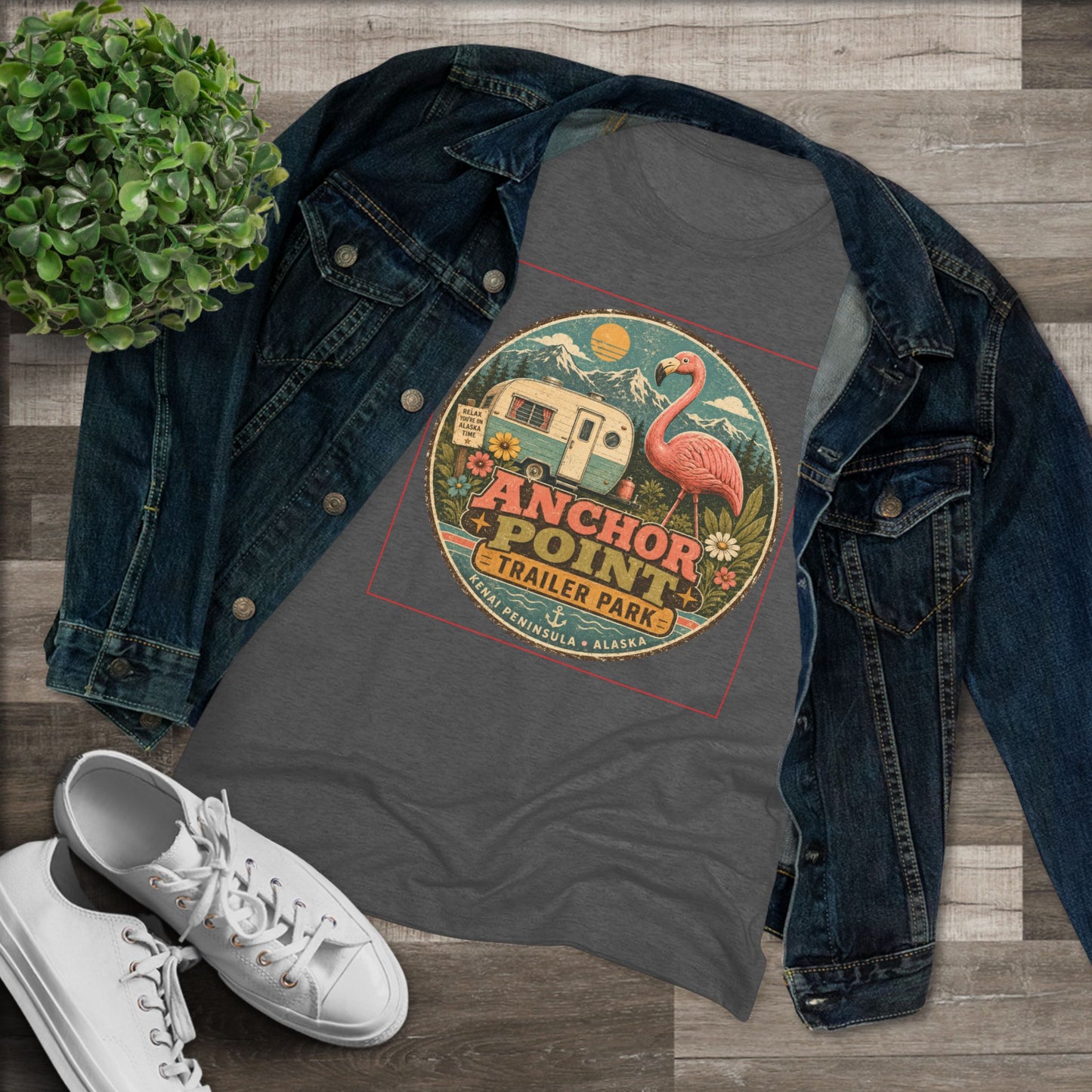 Anchor Point Trailer Park Flamingo Tee — Vintage Camper Graphic Women's T-Shirt